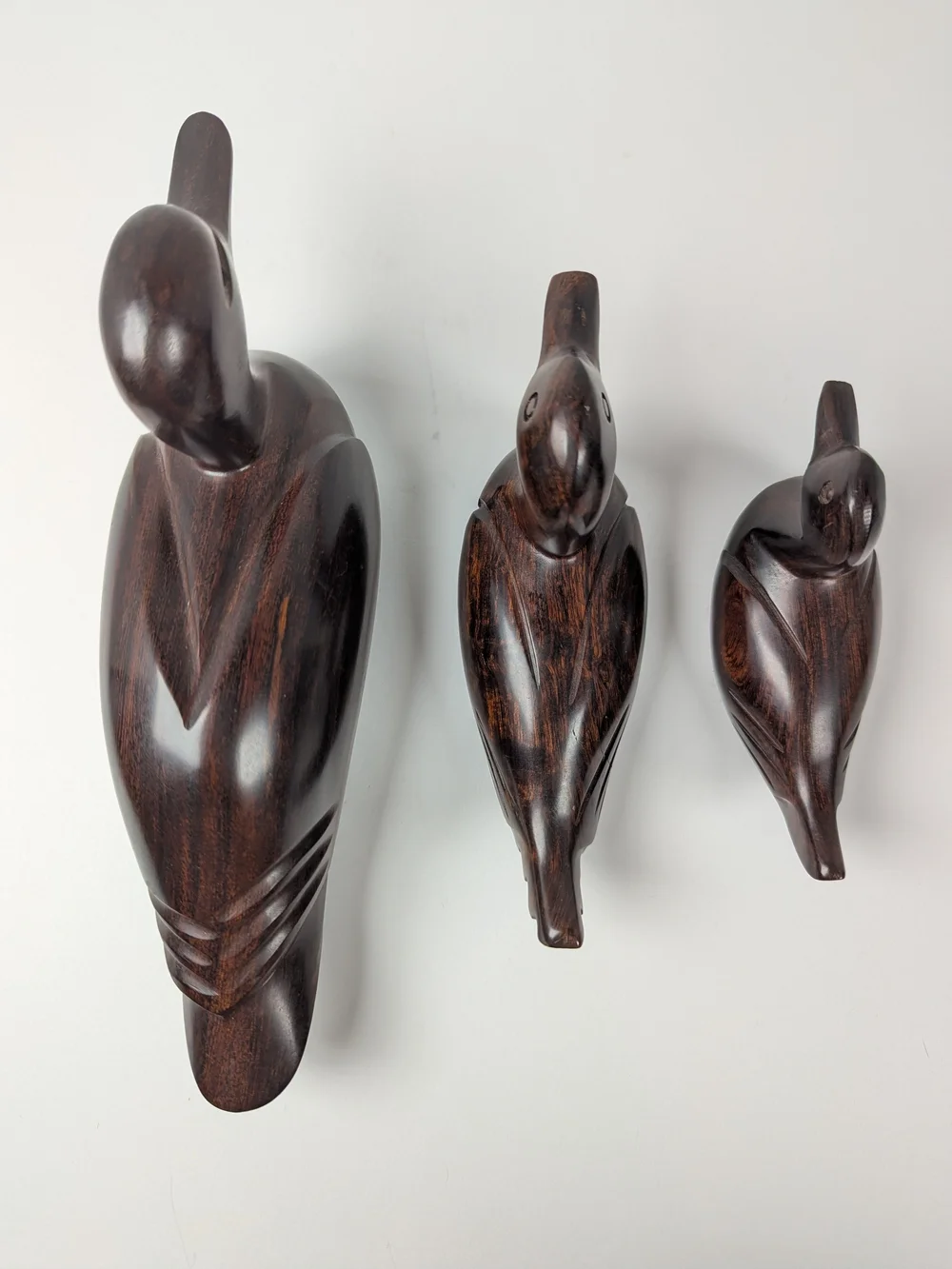 Vintage Set of 3 Carved Wooden Ducks Dark Hardwood Chinese 9